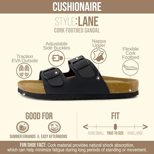 CUSHIONAIRE Lane Cork Footbed Womens Sandals Comfortable Double Buckle Slip On Sandals for Women with Arch Support and Classic Two Strap Design, BLACK 6W - Thumbnail 4
