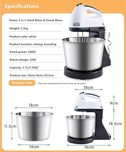 Küchenmaschine, 1.7L Weniges Geräusch Knetmaschine mit Doppelten Knethaken,7 Geschwindigkeit mit Edelstahlschüssel… – Bild 8