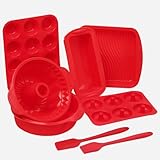 8PCS Silicone Baking Pans Sets - Nonstick Silicone Bakeware Set with Bread Loaf Pan, Muffin Pan, Square & Round Cake Pan, Bundt Cake Pan, Donut Pan - Oven & Dishwasher Safe with Brush & Spatula (Red)