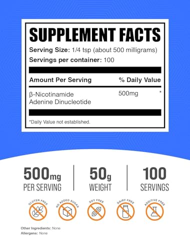 Image of BulkSupplements.com NAD Powder - Nicotinamide Adenine Dinucleotide, NAD Supplement 500mg - for Energy Support, Pure & Gluten Free, 500mg per Serving, 50g (1.8 oz) (Pack of 1)