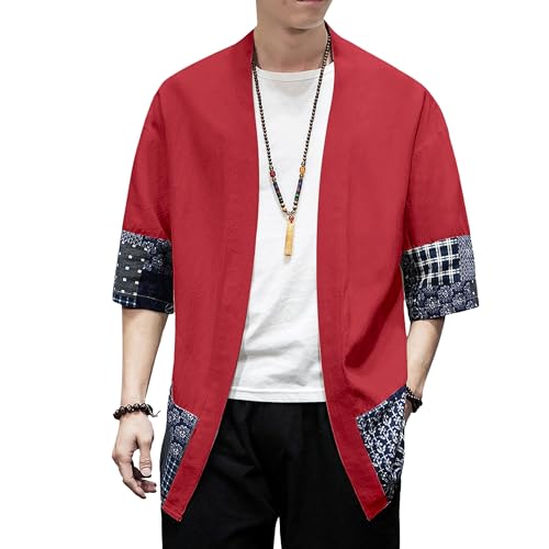 Image of PRIJOUHE Men's Kimono Jackets Cardigan Lightweight Casual Cotton Blends Linen Seven Sleeves Open Front Coat Outwear