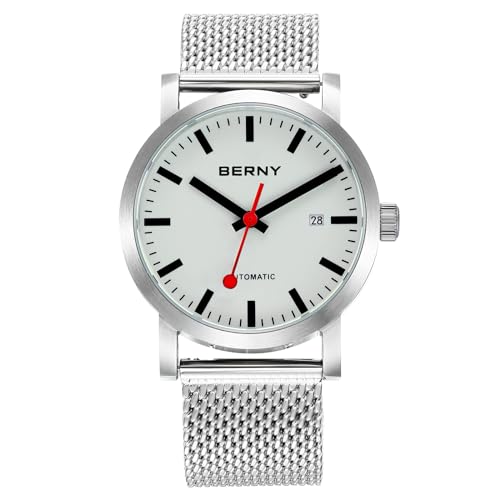 BERNY Classic Automatic Watch for Men Mechanical Self Wind Wristwatch Stainless Steel Strap 5ATM Waterproof Luminous