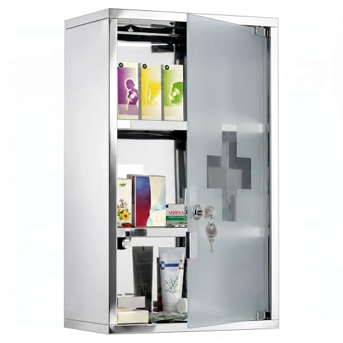 HOMCOM Armoire à Pharmacie Murale à 3 Niveaux en Acier Inoxydable avec Porte verrouillable en Verre avec 2 clés étagères de Rangement Argent