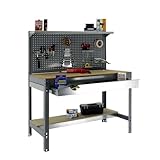 SimonRack Etabli d’Atelier, Capacité de Charge 600 kg, 1445x1210x610 mm, Panneau Perforé avec 1 Étagère, Étagère Tiroir de Rangement, Table de Travail Bricolage, Gris/Bois   BT3