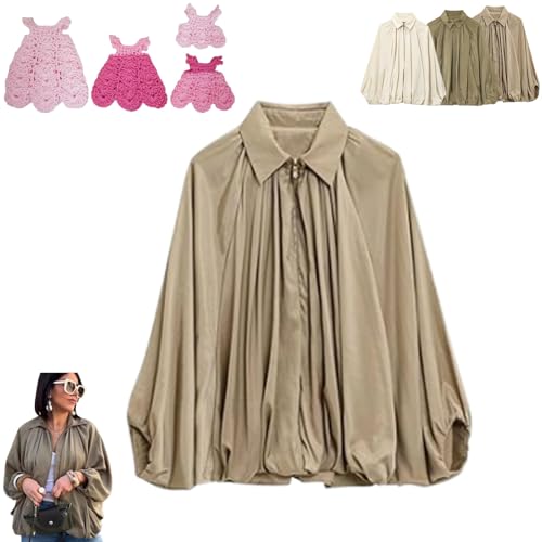 Balloon Sleeve Jacket, Lapel Collar Zip Front Pleated Oversized Shirts, Dolman Cropped Up Flowing Top, Streetwear