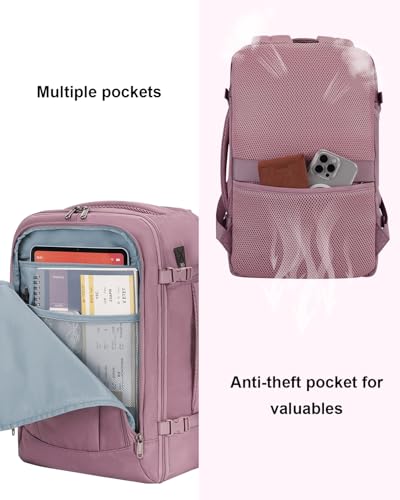 Image of ECOHUB 17'' Travel Backpack, Personal Item Backpack with 13 Pockets, Flight Approved Carry on Backpack with USB Port & Luggage Sleeve, Travel bag for Women, Water Resistant Backpack, Pink