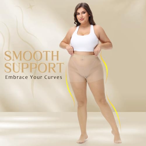 CASMON 3 Pairs Plus Size Sheer Tights for Women, High-waist 20D Pantyhose Control Top with Reinforced Toe for Daily(XL-4XL)4