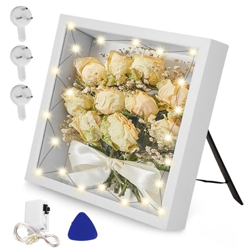 Nizirioo Cadre photo 3D à remplir - 20 x 20 cm - Avec verre acrylique incassable - Guirlande lumineuse 3D - Cadre photo profond à remplir soi-même