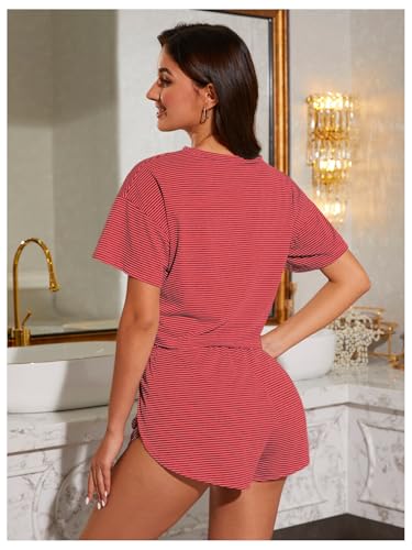 Image of OYOANGLE Womens Pajama Sets 2 Piece Sexy Lounge Sets Summer Cute Pjs Striped Print Tee and Side Split Shorts Set