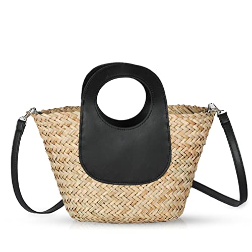 Straw Bag, Beach Bag for Women, Hand-Woven Soft Handbag, Mini Beach Crossbody Design Leather Handle, Woven Bag for Vacation Travel Daily (Black