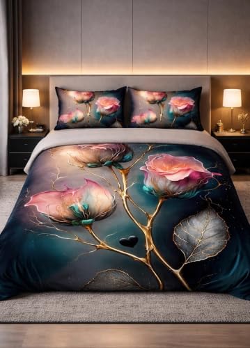 Image of DECOR WELL 7d Bedsheet for Double Bed King Size with 2 Pillow Covers, Polycotton 220 TC Super Soft & Breathable, Wrinkle Free Pink Gold Rose Printed Double Bed Bedsheet Set (90x100 Inch)