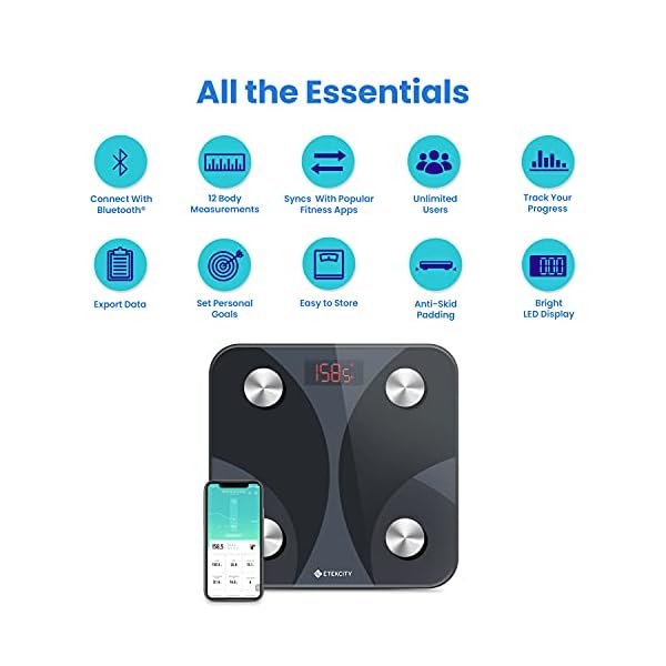 Etekcity-Scale-for-Body-Weight-Smart-Digital-Bathroom-Weighing-Scales-with-Body-Fat-and-Water-Weight-for-People-Bluetooth-BMI-Electronic-Body-Analyzer-Machine-400lb Etekcity Scale for Body Weight and Fat Percentage, Smart Digital LED Bathroom BMI Measurement, Accurate Bluetooth Weighing Machine, Body Composition Analyzer, Ash-black, 400lb