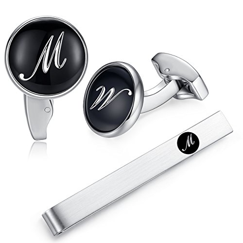 HONEY BEAR Initial Alphabet Letter Cufflinks Tie Clips Set for Mens Gift M Black