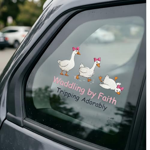 Image of Funny Christian Car Decal Waddling by Faith Sticker - Cute Goose Duck Tripping Adorably Bumper Decal, Inspirational Bible Verse Vinyl Sticker, Faith Over Fear Gift for Christian Women Mom