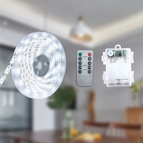 Marreal Battery Powered Led Strip Lights,6.56FT 120Led Battery led Strip Lights for Remote,Blinking,Dimmable,Timer,Cuttable,for Indoor Outdoor TV Table Boat Kitchen Christmas,Waterproof?White?