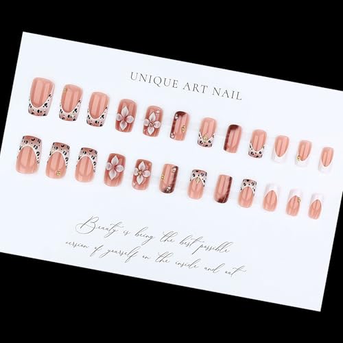 Image of Flower Press on Nails Leopard Print French Tip Fake Nails Medium Square False Nail with Pearl Design Nude Glossy Full Cover Stick on Nail for Women Manicure 24Pcs