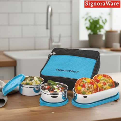 Image of SignoraWare Health Bite Stainless Steel Lunch Box | Airtight & Leakproof | Compact & Easy to Carry | Ideal for Meal Prep, Travel & Everyday Use (350ml x 2 + 650ml | Setof3 | TBlue)