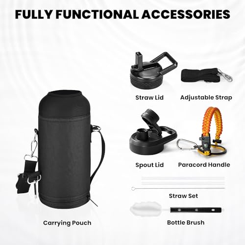 Image of RAYMYLO Insulated Water Bottle 32 oz, Triple Wall Vacuum Stainless Steel (Cold for 24Hrs, Hot for 12Hrs), Leak Proof & Non-BPA, Modern Water Flask Jug with Paracord Handle & Straw Spout Lids