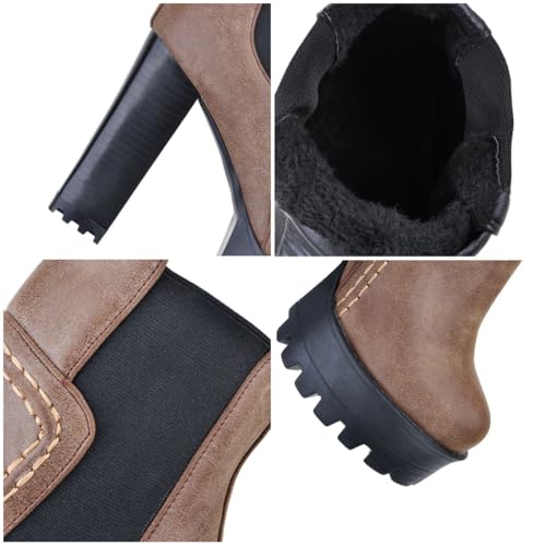 Women's Round Toe Ankle Boots Chunky High Heel Chelsea Style Platform Slip-On Winter Slouch Leather Wide Calf Stretchy Biker Shoes3