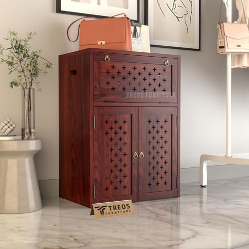 Image of Solid Sheesham Wood Inverter Cabinet | Rosewood Inverter Stand with Ventilated Doors & Foldable Front Panel | Multipurpose Storage Cabinet for Home & Office (Mahogany Finish)