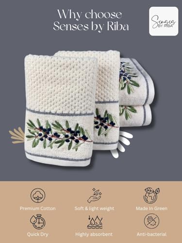 Image of SENSES By Riba Cotton Embroidered Towel Set, 550 GSM Soft & Absorbent, Antimicrobial, Oeko-Tex Certified | Ideal for Home & Gifting, Pack of 4 (2 Bath 27 inchX50 inch + 2 Hand Towels 16 inchX26 inch) - Style 17