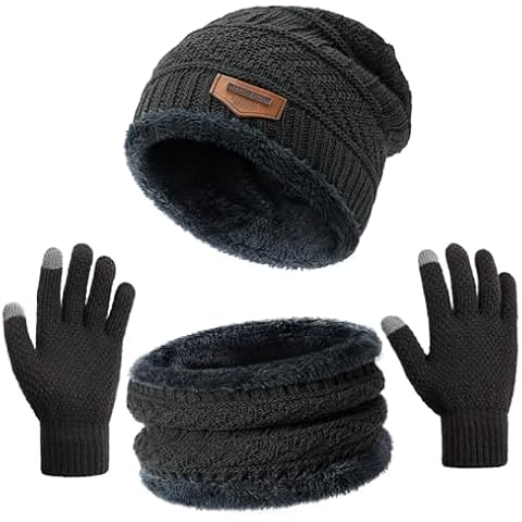 Premillow Winter Hat Beanie Scarf Touchscreen Gloves Set for Men and Women, Skull Cap Gloves Neck Warmer Set with Warm Knit Fleece Lined, Winter Clothes for Women,Dark Grey Cover