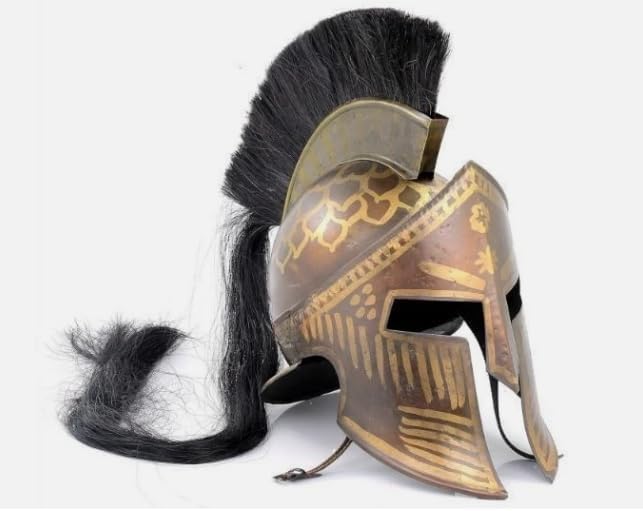 Handcrafted Spartan Warrior Helmet with Black Plume Bronze Corinthian Style Greek Armour Replica Medieval Costume Helmet for Reenactment, Display & Cosplay