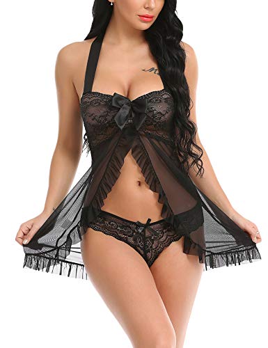 Damen-Dessous, Spitze, Babydoll, Nachtwäsche, Umstands-Dessous, sexy Unterkleid, Schwarz, Large