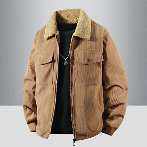 Men's Corduroy Casual Coat, Fashion Sherpa Fleece Lined Fall Winter Warm Overcoat Long Sleeve Zip Up Jacket with Pockets2