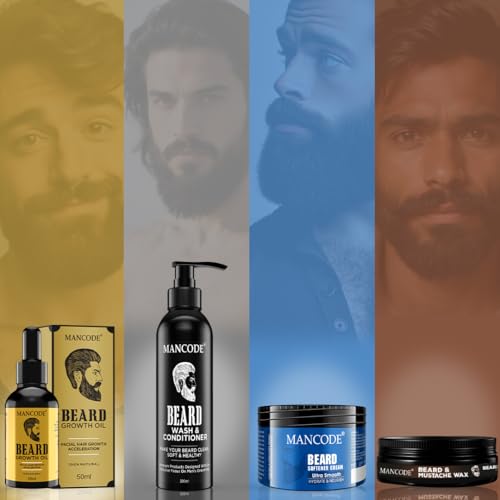 Image of MANCODE Beard Grooming Kit - Beard Growth Oil 50 ml | Beard Wash and Conditioner 200 ml | Beard Softener Cream 100gm | Beard & Mustache Wax for Men 50 gm - Beard Care Kit for Men (Pack of 4)