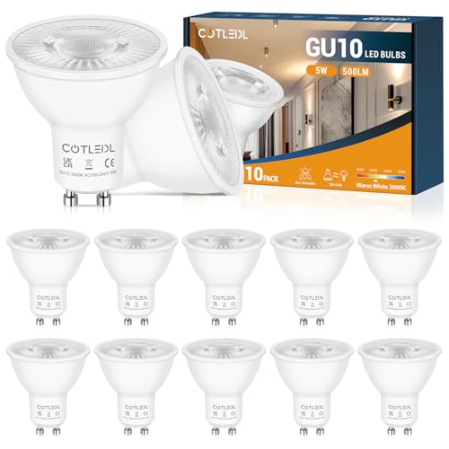 COTLEDL GU10 LED Bulbs Warm White, 5W 500 Lumen Spot Light Bulb 3000K, Equivalent 50W Halogen, Non-Dimmable Non-Flicker Energy Saving Light Bulbs,10 Pack