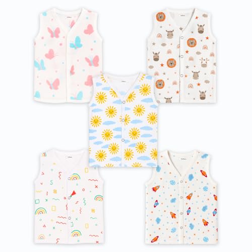 Image of Kidbea Muslin Cotton Baby Jabla for Boys & Girls | Cute Printed Soft V-Neck, Sleeveless Baby Jhabla Vest for Newborns & Infants