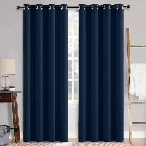 Image of MIULEE 100% Blackout Linen Textured Curtains for Bedroom Solid Thermal Insulated Midnight Blue Grommet Room Darkening Curtains & Drapes Luxury Decor for Living Room 52 x 96 Inch (2 Panels)
