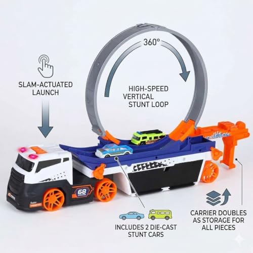 Image of Turbo Track Ejection Car Transporter Truck Toy with Stunt Loop & 2 Racing Cars | Light & Sound Multi-Level Launcher Vehicle Playset for Kids, Collectors & Adults