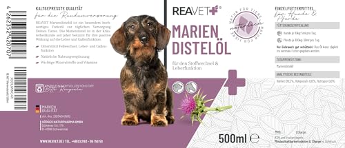ReaVET Mariendistelöl für Hunde & Pferde 500ml – Naturrein in Premiumqualität – Barf Zusatz, Distelöl Hund, Barf Öl Mariendistel-Öl Hund I Reich an Vitamin E, Omega-6, Omega-9