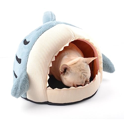 Hifrenchies Shark Haustierhaus für Französische Bulldogge, Haifischhaus, waschbar, Hundehöhle und Bett mit abnehmbarem Kissen, Haifischbett und Haus für Hunde und Katzen (Größe L, Blau)