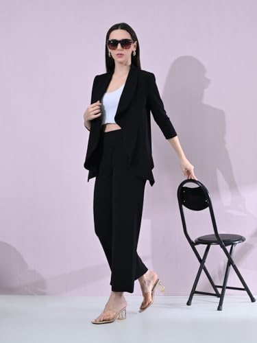 Image of Women's Solid Relaxed Fit 3 /4 Sleeve Cotton Blend Co-ord Blazer and Trouser Set