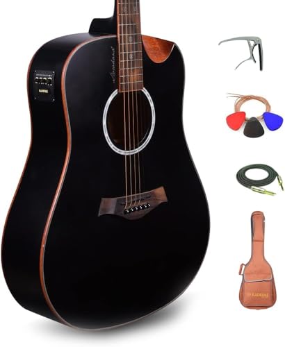 Kadence Slowhand Premium Jumbo Semi Acoustic Guitar with Heavy Padded Bag, guitar cable, Pro Capo (Black Spruce Wood)