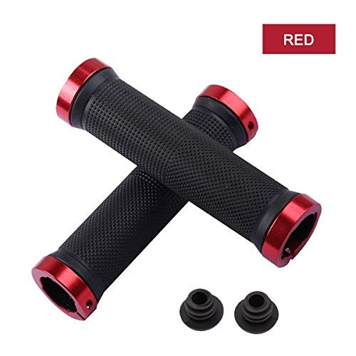 Kework Bike Grips, Double Locking Bike Bicycle Mountain Bike Handlebar Grips, Include 2 Handlebar Caps, Aluminum Alloy Lock Ring (Red) #TOP4