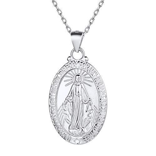 Nofade Silver Women Men Virgin Mary Necklace 925 Sterling Silver Miraculous Medal Oval Pendant Necklace Catholic Religious Christian Jewelry