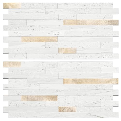 STICKGOO 2 Sheets Peel and Stick Backsplash Tile, Stick on Backsplash for Kitchen and Bathroom, White Sandstone Look PVC Mixed Metal Gold Self Adhesive Wall Tiles 2 White Sandstone + Metal G