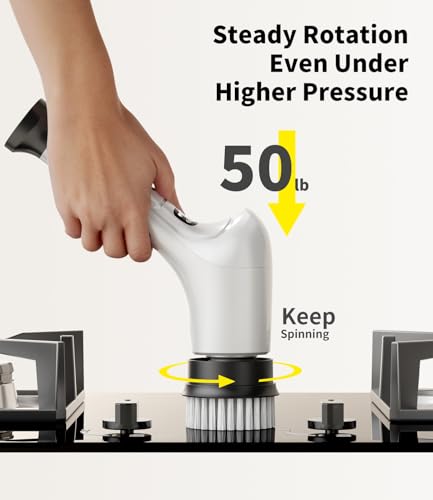 Image of Electric Spin Scrubber, Cordless Household Cleaning Brush with 6 Replaceable Heads, 3 Speeds, LED Display, Lightweight Handheld Power Scrubber for Cleaning Stove /Bowl /Sink /Corner /Tile /Grout-White