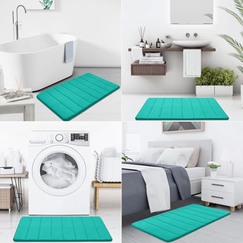 Image of Memory Foam Soft Bath Mats - Non Slip Absorbent Bathroom Rugs Rubber Back Runner Mat for Kitchen Bathroom Floors 16 inchx47 inch, Peacock Green