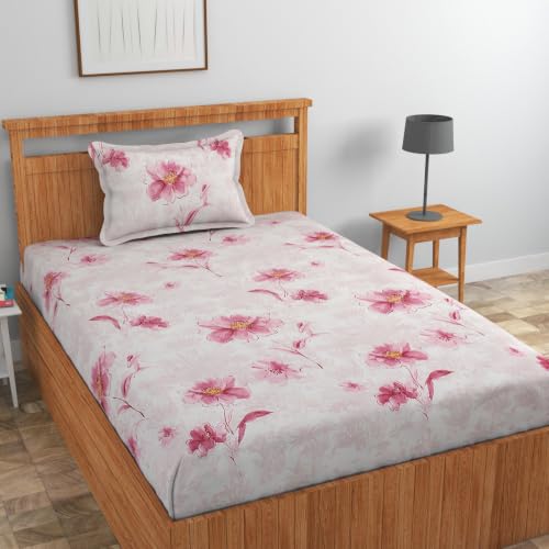 Image of NHD HOME Pure Cotton 220 tc Flat Single Bedsheets for Summer Breathable | Wrinklefree | Super Soft (Size-60 X 90 Inch) with 1 Pillow Covers (Size-17 X 27 Inches, Pink Bloom