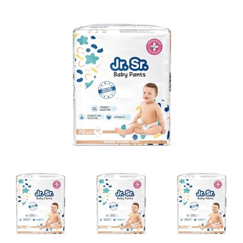 Image of Jr. Sr. Baby Diaper Pants | Medium (M) Size (7-12 kg), 70 Count | Pack of 4 | Upto 12 hr Absorption with Advanced Leak Protection | Safe For Babies Skin | Soft, Secure & Comfy