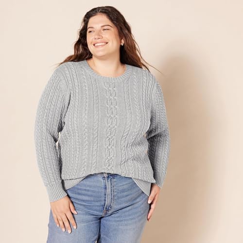 Image of Amazon Essentials Women's Regular Fit Soft Cotton Cable Knit Ribbed Crewneck Sweater (Available in Plus Size)