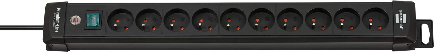 Brennenstuhl Premium Line Steckdosenleiste mit 10 Steckdosen (Steckdosenleiste mit Schalter und 3m Kabel - Schutzkontaktsteckdosen, Made in Germany) schwarz