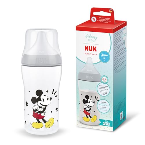 NUK Perfect Match Biberón | 3+ meses | 260 ml | Biberón anticólicos | PP | Indicador de control de temperatura | Disney El Ratón Mickey | 1 unidad