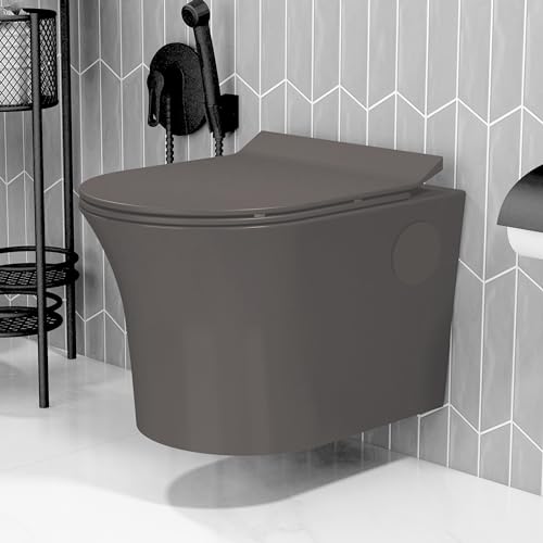Plantex Platinum Ceramic Rimless Wall Hanging Commode/Western Toilet/Washdown Flush for Bathroom/Commode with Soft Toilet Seat Cover - P Trap (Choco)
