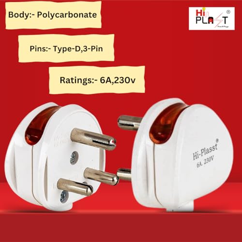 Image of HI-PLASST (Pack of 1) 6a 3 Pin Plug top 240v with Led Indicator for products like LED Tv,Music system,Computer,Printer,ETC.
